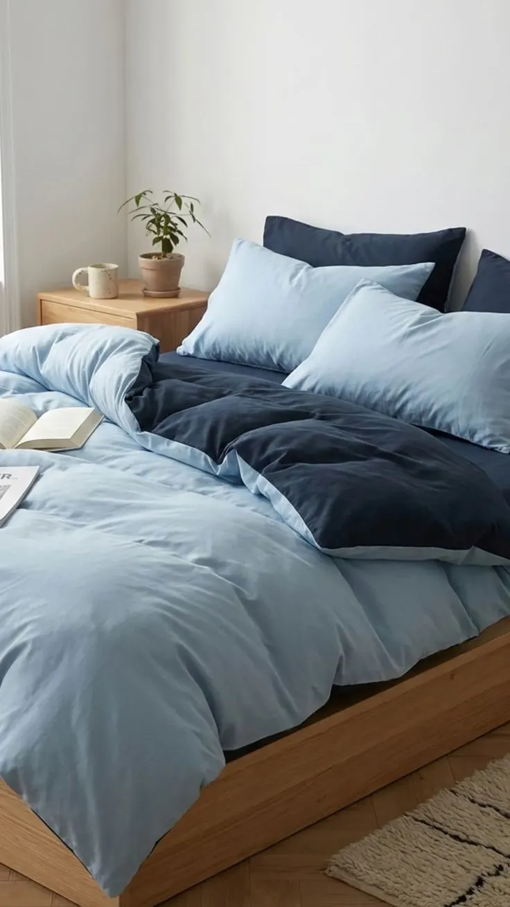 Housse de couette bicolore bleu ciel et marine